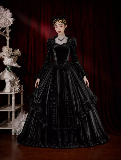 Gothic evening black French vintage wedding dress, wedding banquet long dress