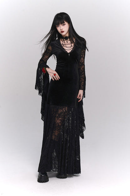 Black Gothic-style medieval long dress Halloween witch-themed outfit