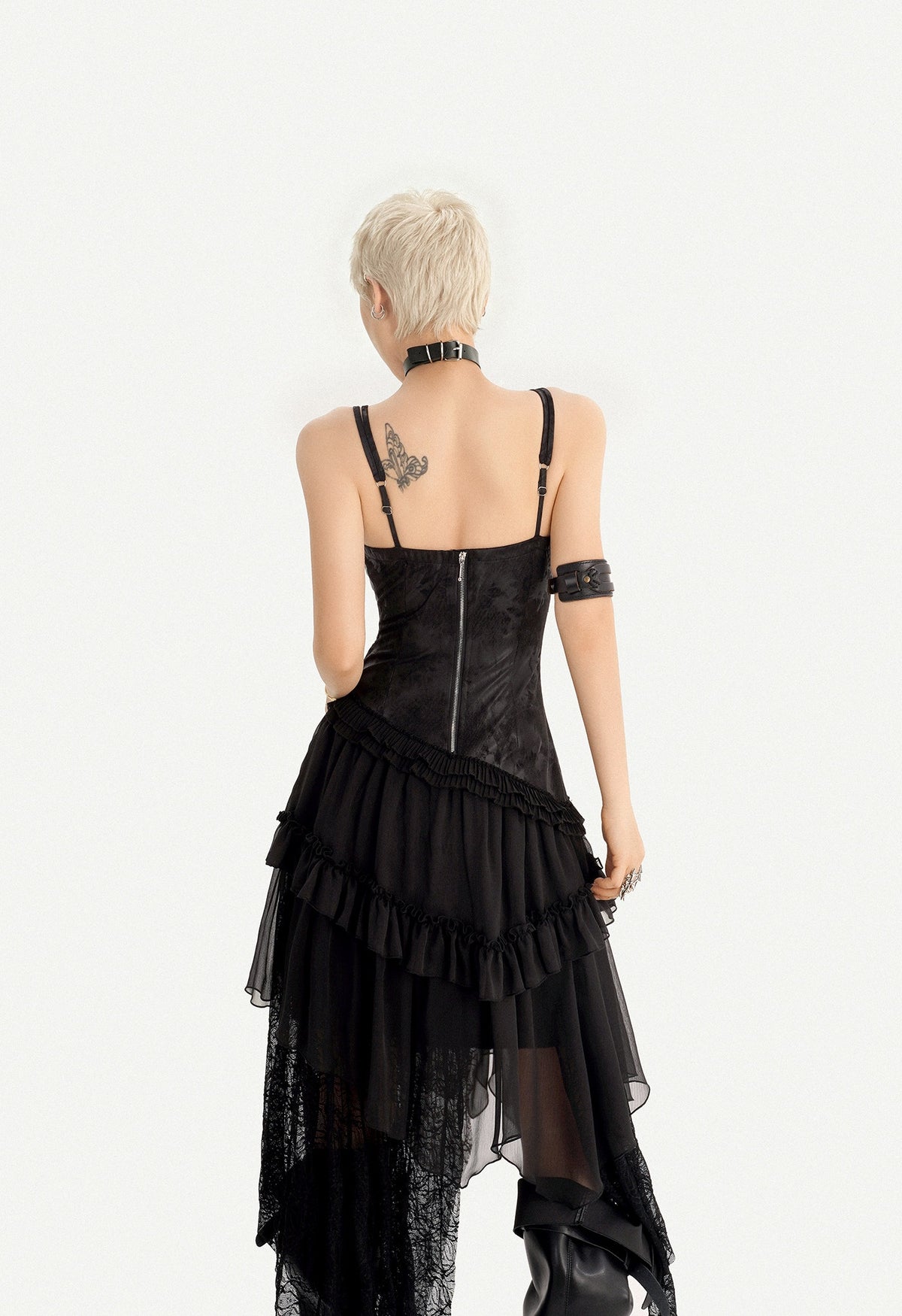 Gothic Dark Lace Patchwork Leather Slip Dress For Women, Irregular Layered Long Dress