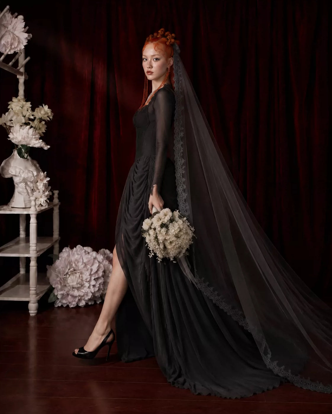 Drop waist wedding dress corset, Black Gothic vintage wedding dress, bride's gown with a large train