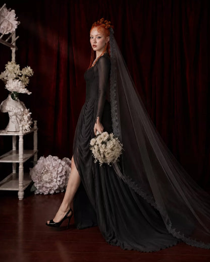 Drop waist wedding dress corset, Black Gothic vintage wedding dress, bride's gown with a large train