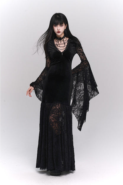 Black Gothic-style medieval long dress Halloween witch-themed outfit