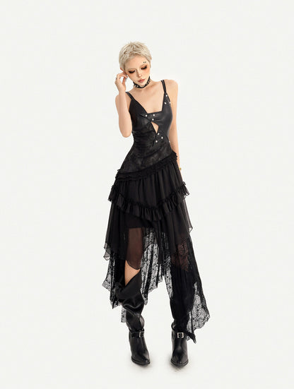 Gothic Dark Lace Patchwork Leather Slip Dress For Women, Irregular Layered Long Dress