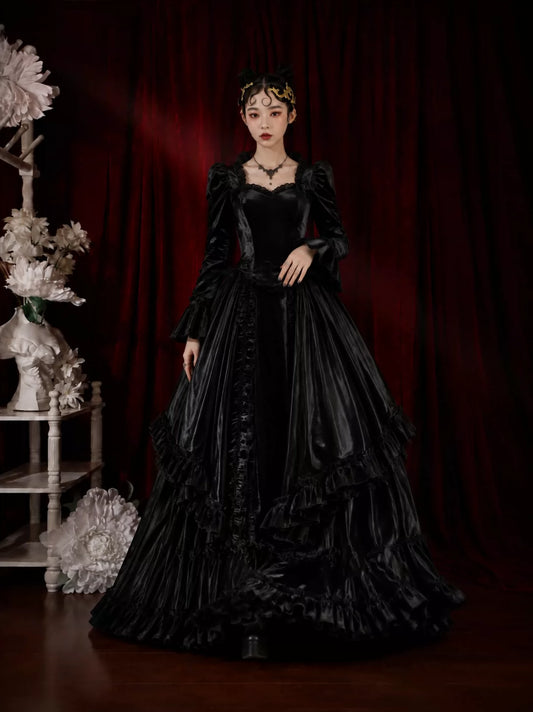 Gothic evening black French vintage wedding dress, wedding banquet long dress