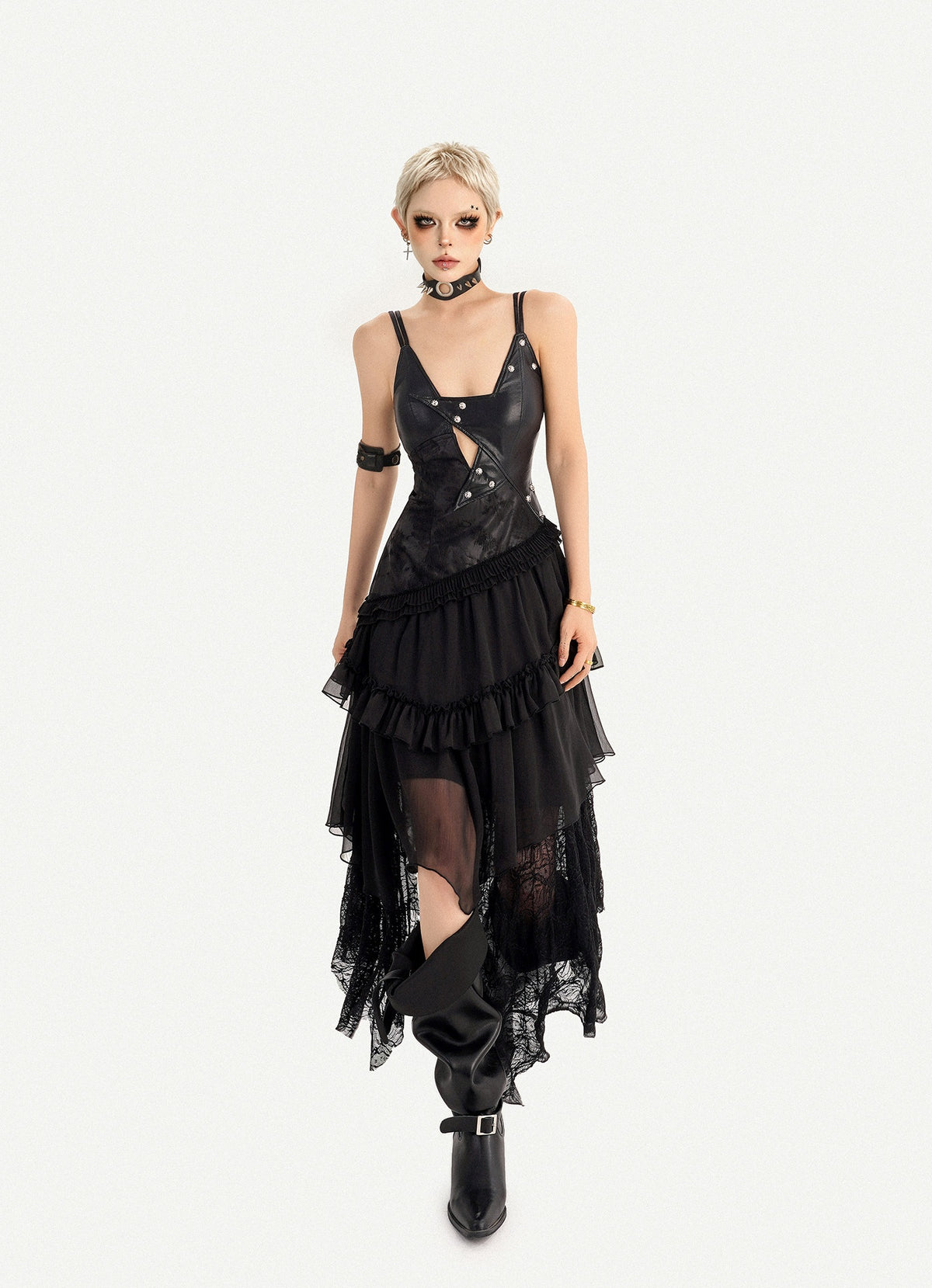 Gothic Dark Lace Patchwork Leather Slip Dress For Women, Irregular Layered Long Dress