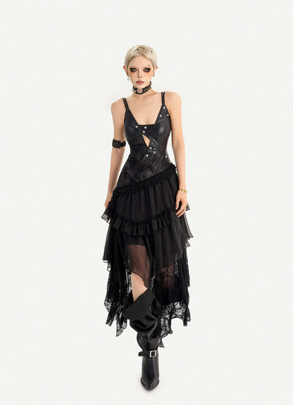 Gothic Dark Lace Patchwork Leather Slip Dress For Women, Irregular Layered Long Dress
