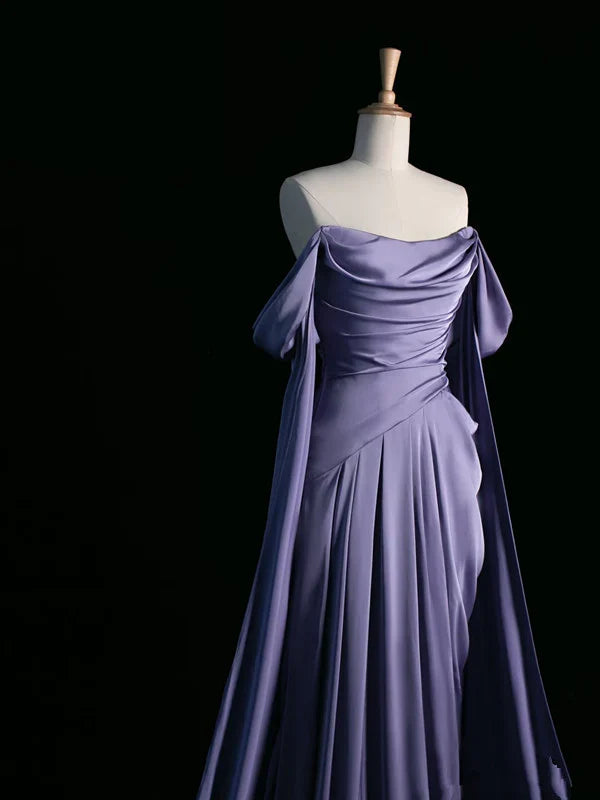 Elegant Purple Satin Prom Dress, Draped Bodice Formal Party Dress