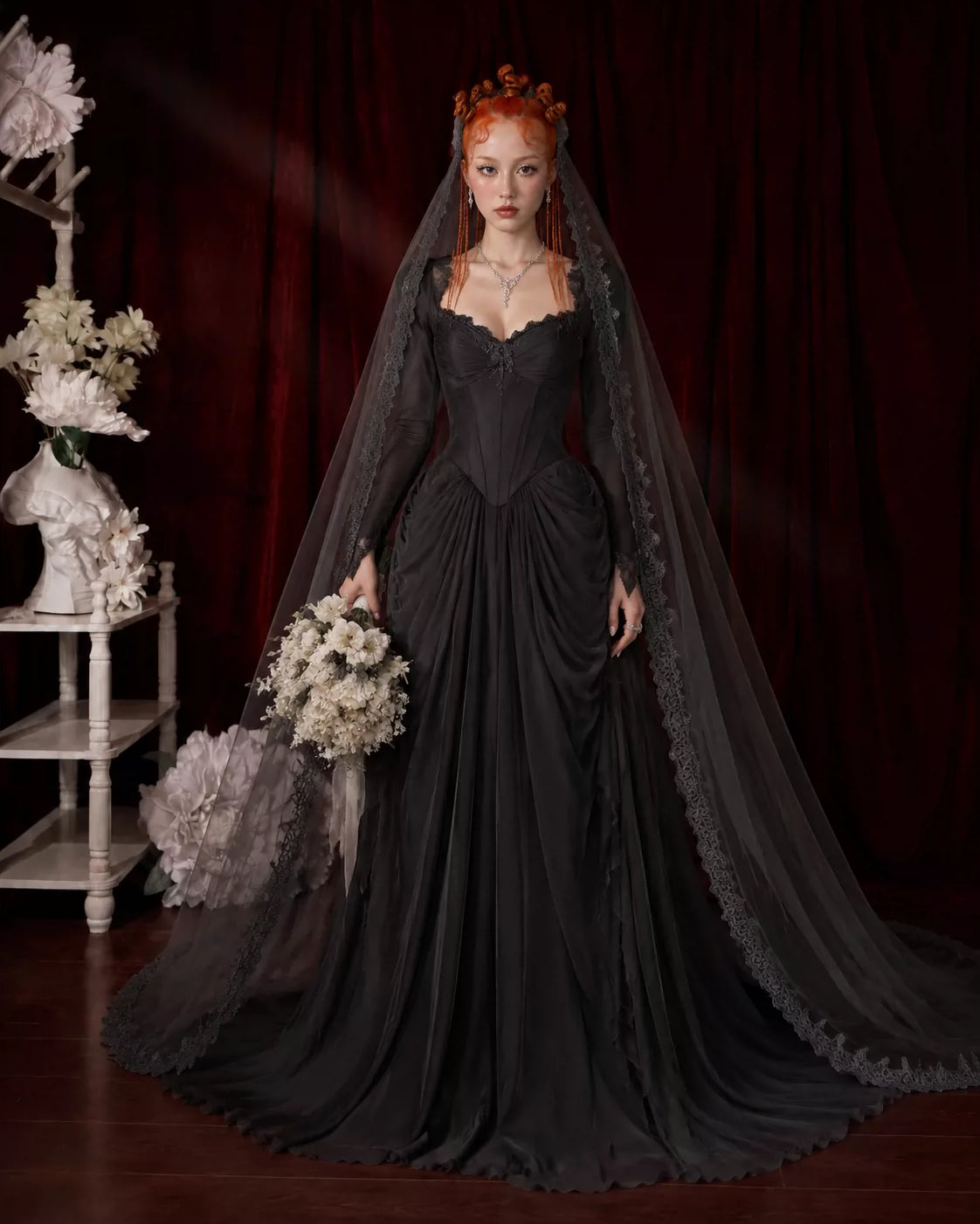 Drop waist wedding dress corset, Black Gothic vintage wedding dress, bride's gown with a large train
