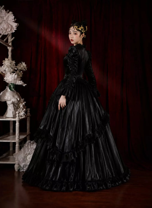 Gothic evening black French vintage wedding dress, wedding banquet long dress