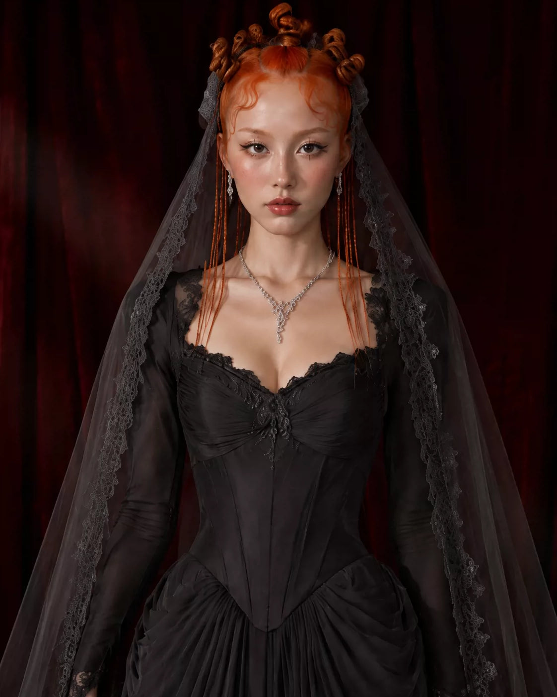 Drop waist wedding dress corset, Black Gothic vintage wedding dress, bride's gown with a large train