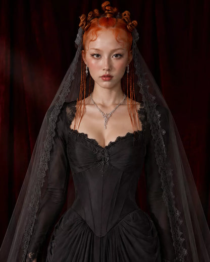 Drop waist wedding dress corset, Black Gothic vintage wedding dress, bride's gown with a large train