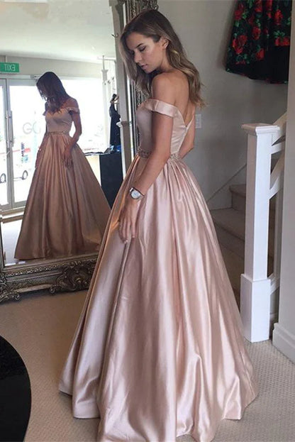 Off The Shoulder Pink A-Line Satin Prom Party Dress