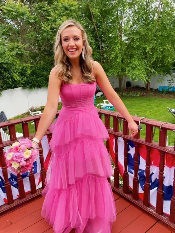 LTP0656,Pink spaghetti straps tulle long prom dress evening dresses ruffles full length dresses