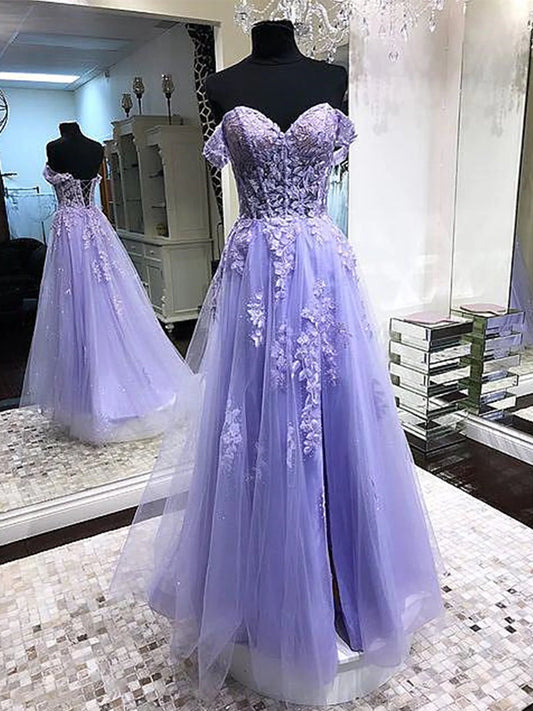 Purple Off The Shoulder Appliques Tulle Prom Evening Dress