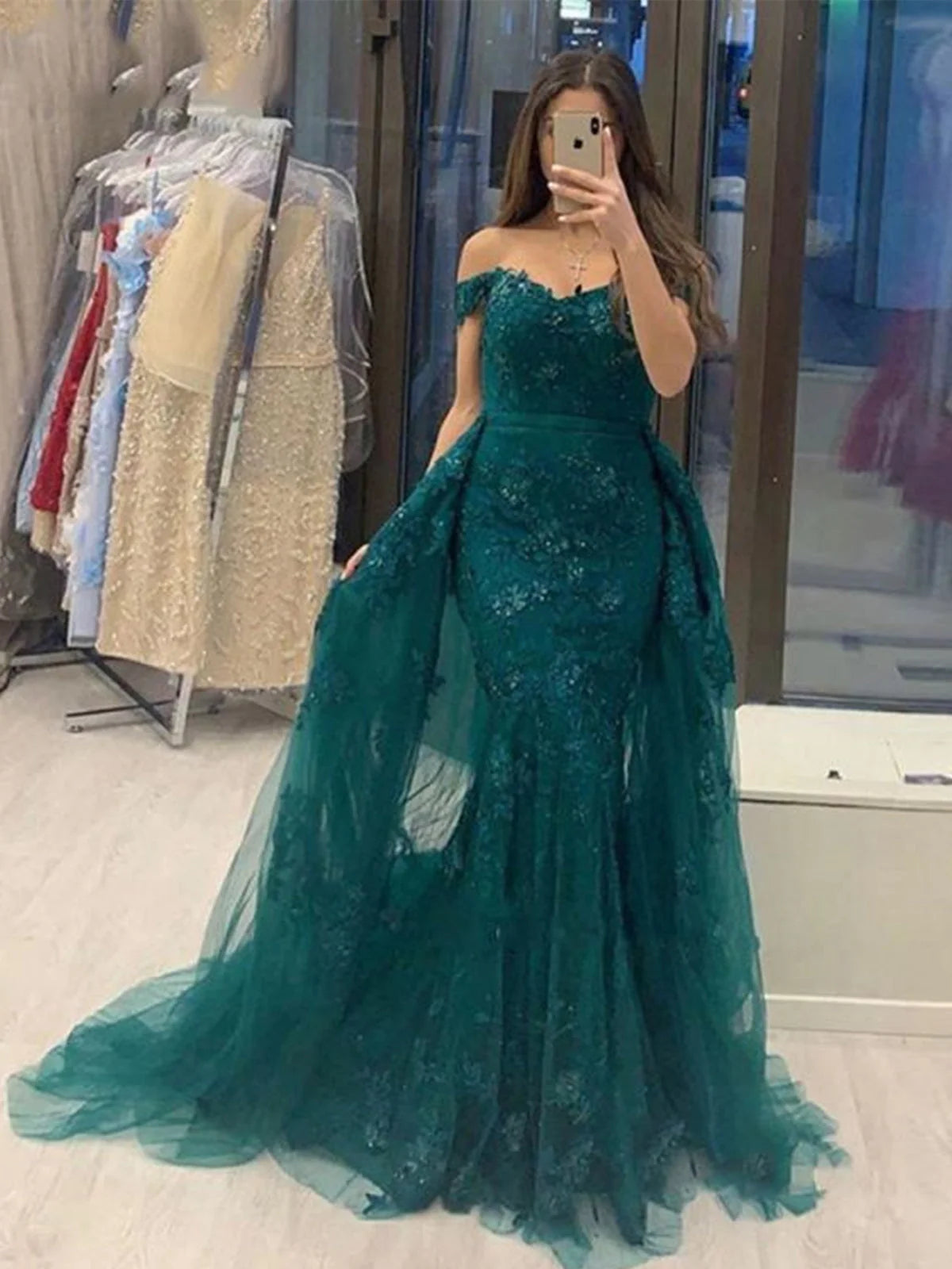 LTP1770,Off the shoulder mermaid green long prom dresses, applique lace evening gown