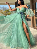 LTP1744,Off Shoulder V Neck Green Tulle Floral Long Prom Dresses with High Slit, Long Green Formal Graduation Evening Dresses