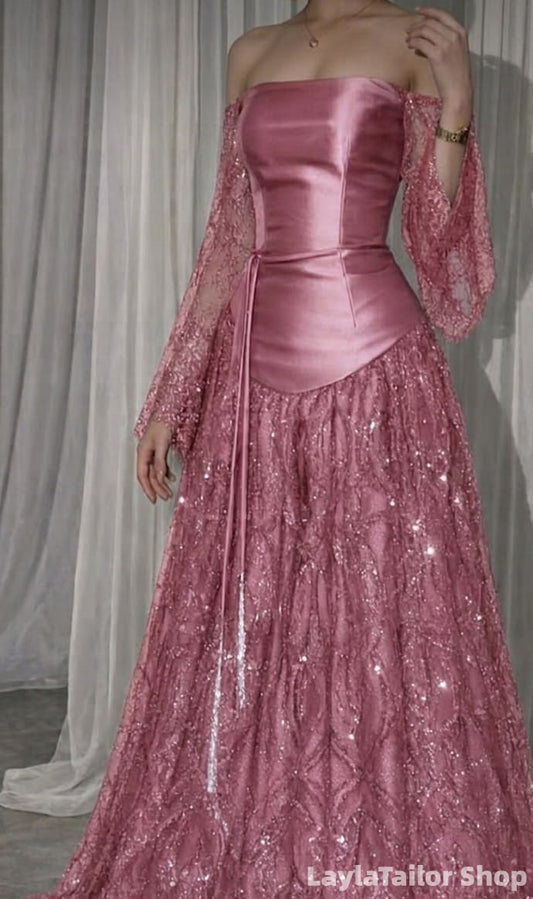 Off The Shoulder A-Line Lace Satin Prom Dresses LTP82718
