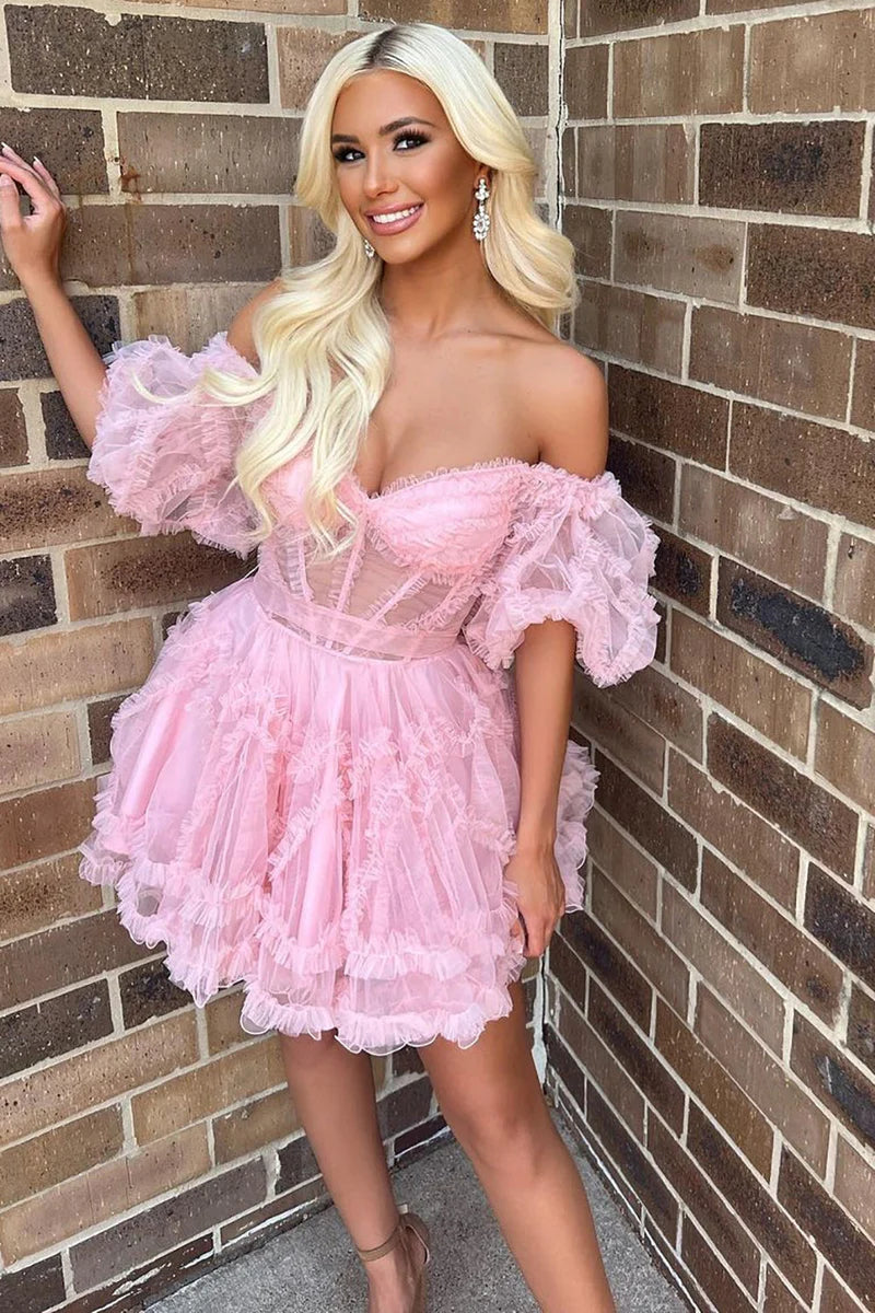 Off The Shoulder A-Line Tulle Homecoming Dresses, LTP3198