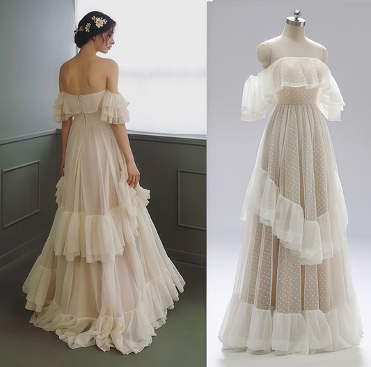 Off The Shoulder A-Line Wedding Dress, Ruffle Party Dress,LTP3689