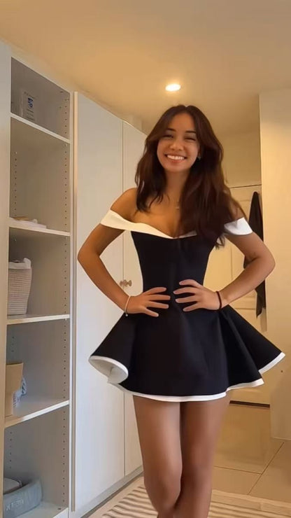 Off The Shoulder A-line Homecoming Dresses, Black White Short Prom Dress,LTP3963