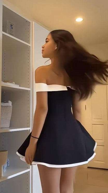 Off The Shoulder A-line Homecoming Dresses, Black White Short Prom Dress,LTP3963