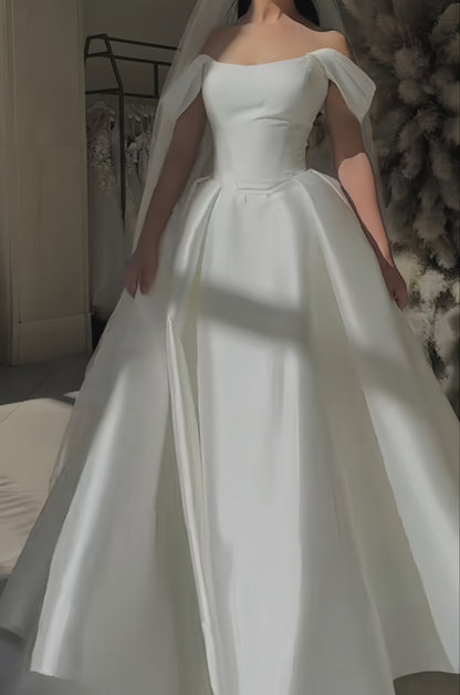 Off The Shoulder A-line White Wedding Dresses Satin Simple Bridal Dress,LTP3813