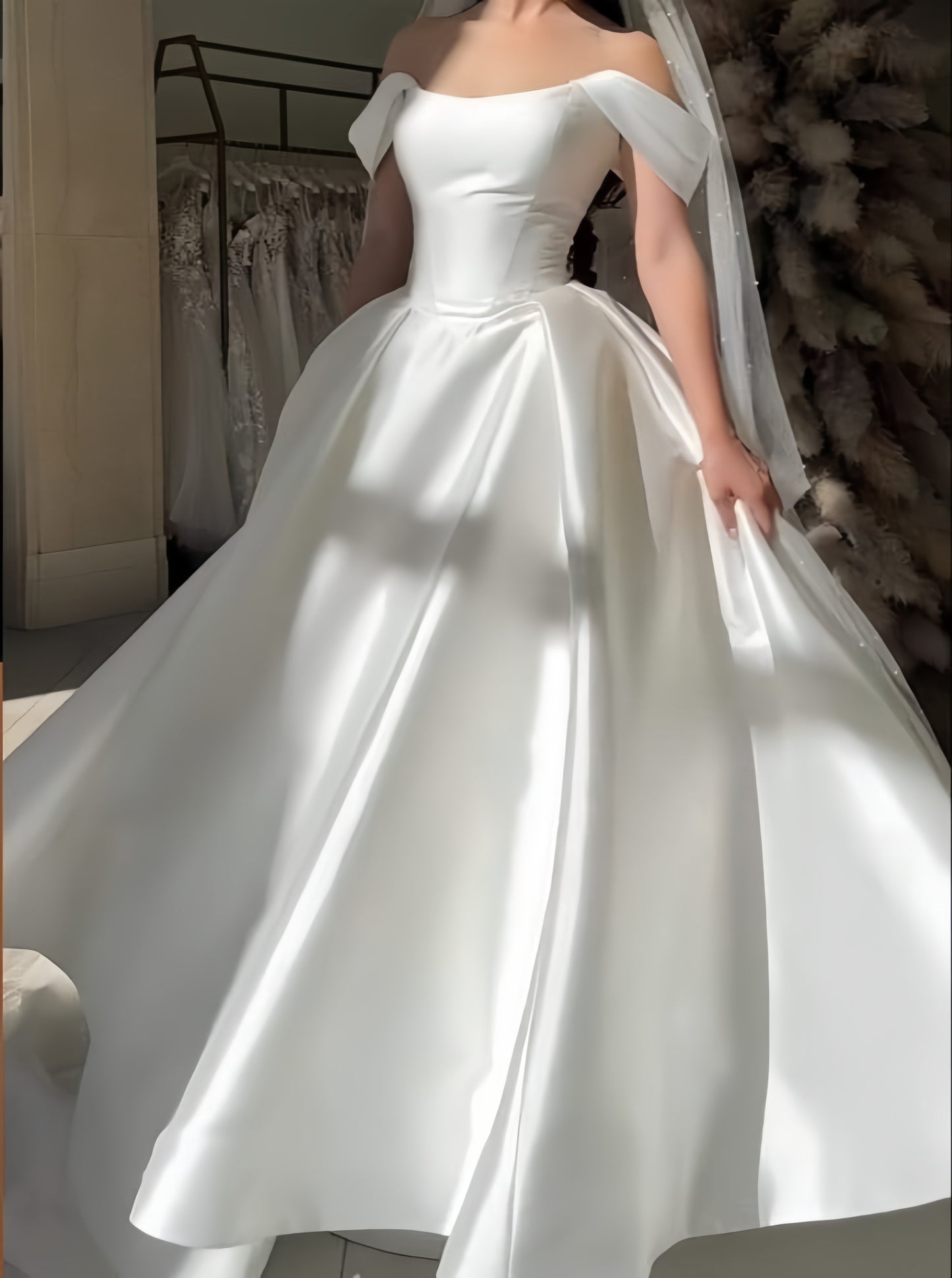 Off The Shoulder A-line White Wedding Dresses Satin Simple Bridal Dress,LTP3813