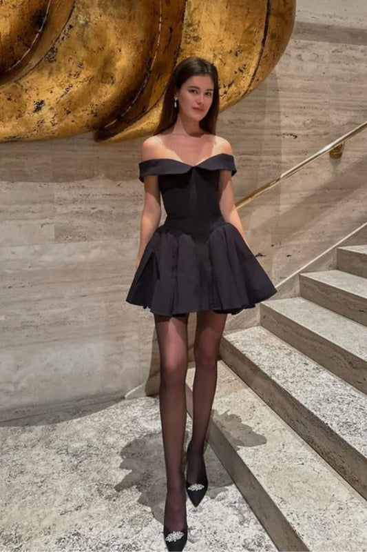 Off The Shoulder Black Homecoming Dress A-line Satin Mini Dress, LTP3797