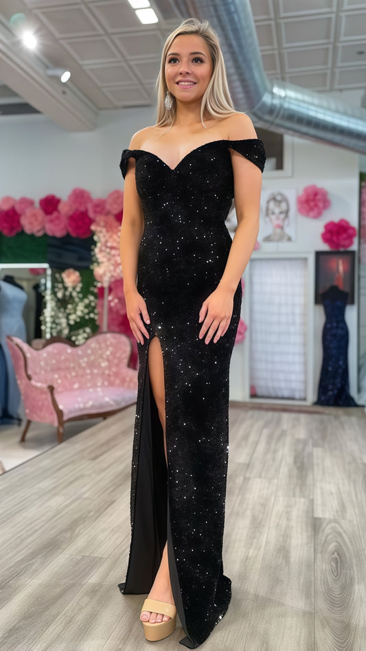 Off The Shoulder Black Sequin Prom Dress, LTP3730