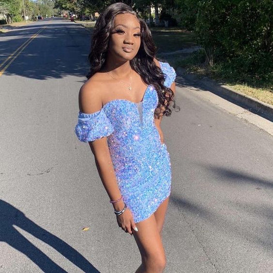 Off The Shoulder Blue Sequin Homecoming Dresses