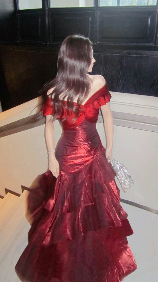 Off The Shoulder Burgundy Shiny Prom Dresses Slim Birthday Dance Dress,LTP4290
