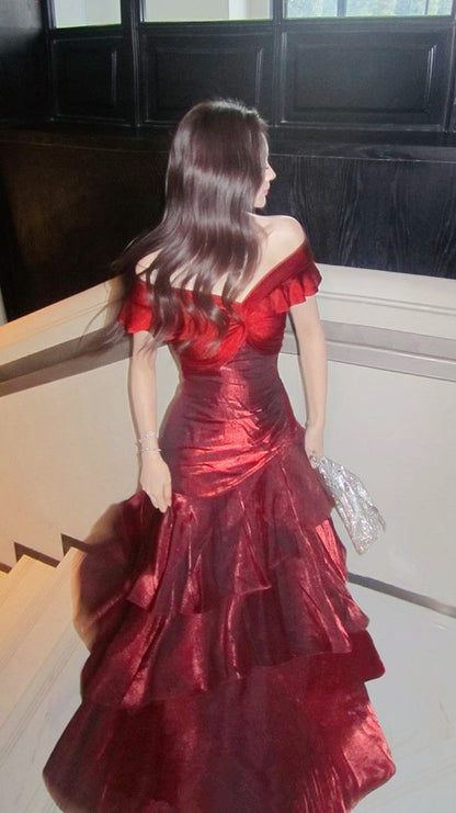 Off The Shoulder Burgundy Shiny Prom Dresses Slim Birthday Dance Dress,LTP4290