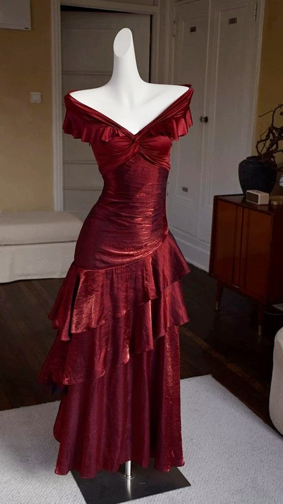 Off The Shoulder Burgundy Shiny Prom Dresses Slim Birthday Dance Dress,LTP4290