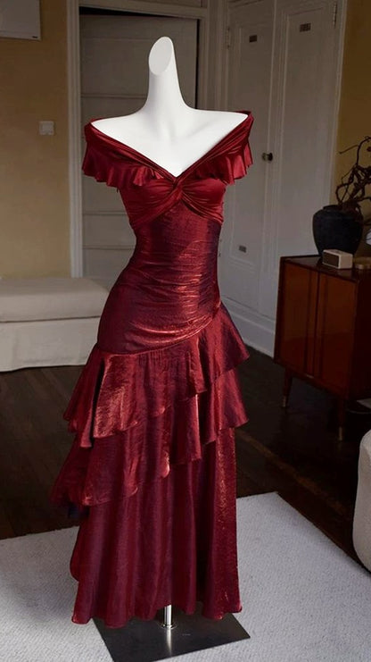 Off The Shoulder Burgundy Shiny Prom Dresses Slim Birthday Dance Dress,LTP4290