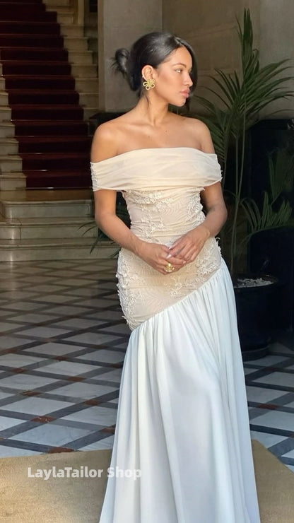 Off The Shoulder Champagne White Prom Dresses Lace Bridesmaid Dress,LTP4592