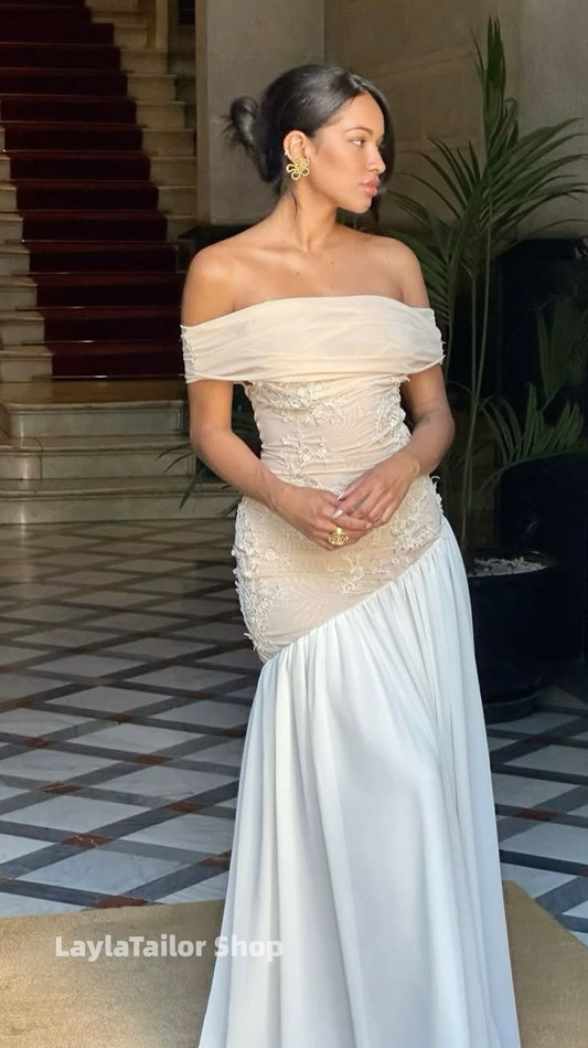 Off The Shoulder Champagne White Prom Dresses Lace Bridesmaid Dress,LTP4592