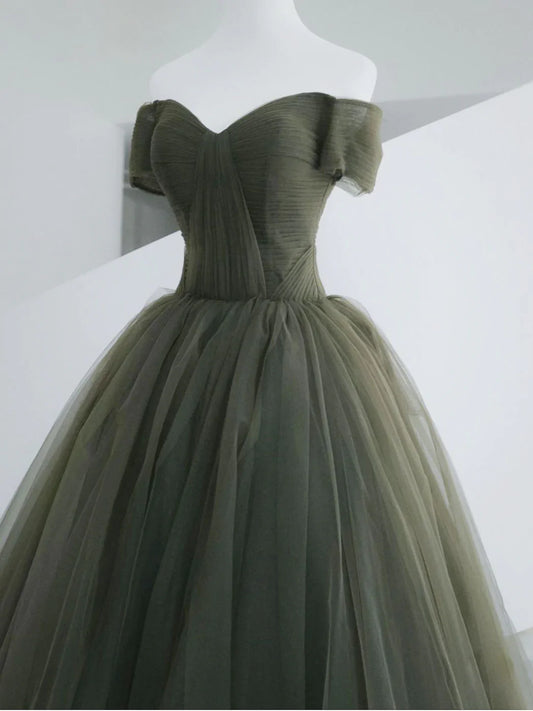 Off The Shoulder Green Tulle Ball Gown A-line Prom Evening Dress,LTP4213