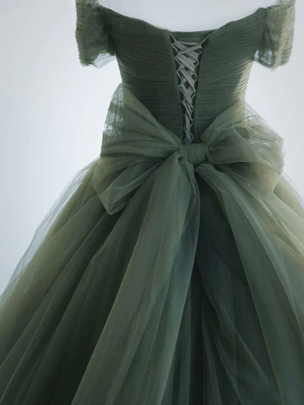 Off The Shoulder Green Tulle Ball Gown A-line Prom Evening Dress,LTP4213
