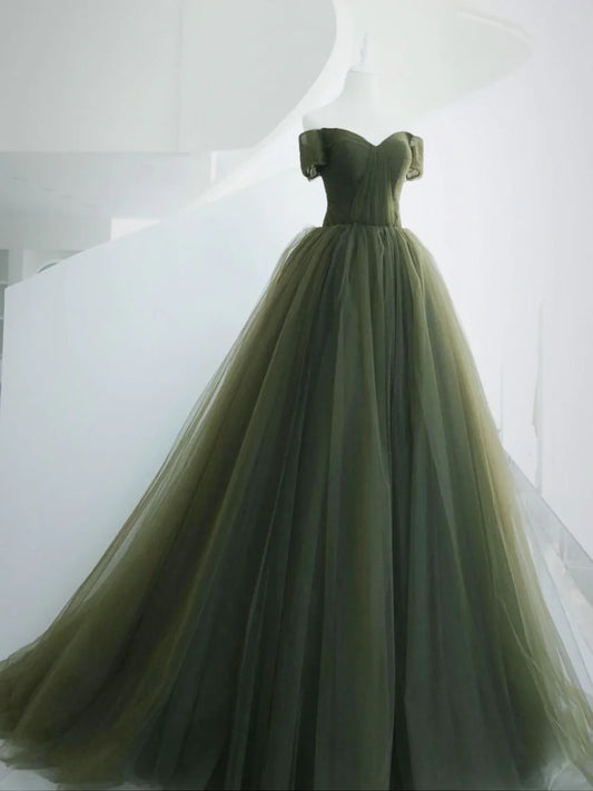 Off The Shoulder Green Tulle Ball Gown A-line Prom Evening Dress,LTP4213