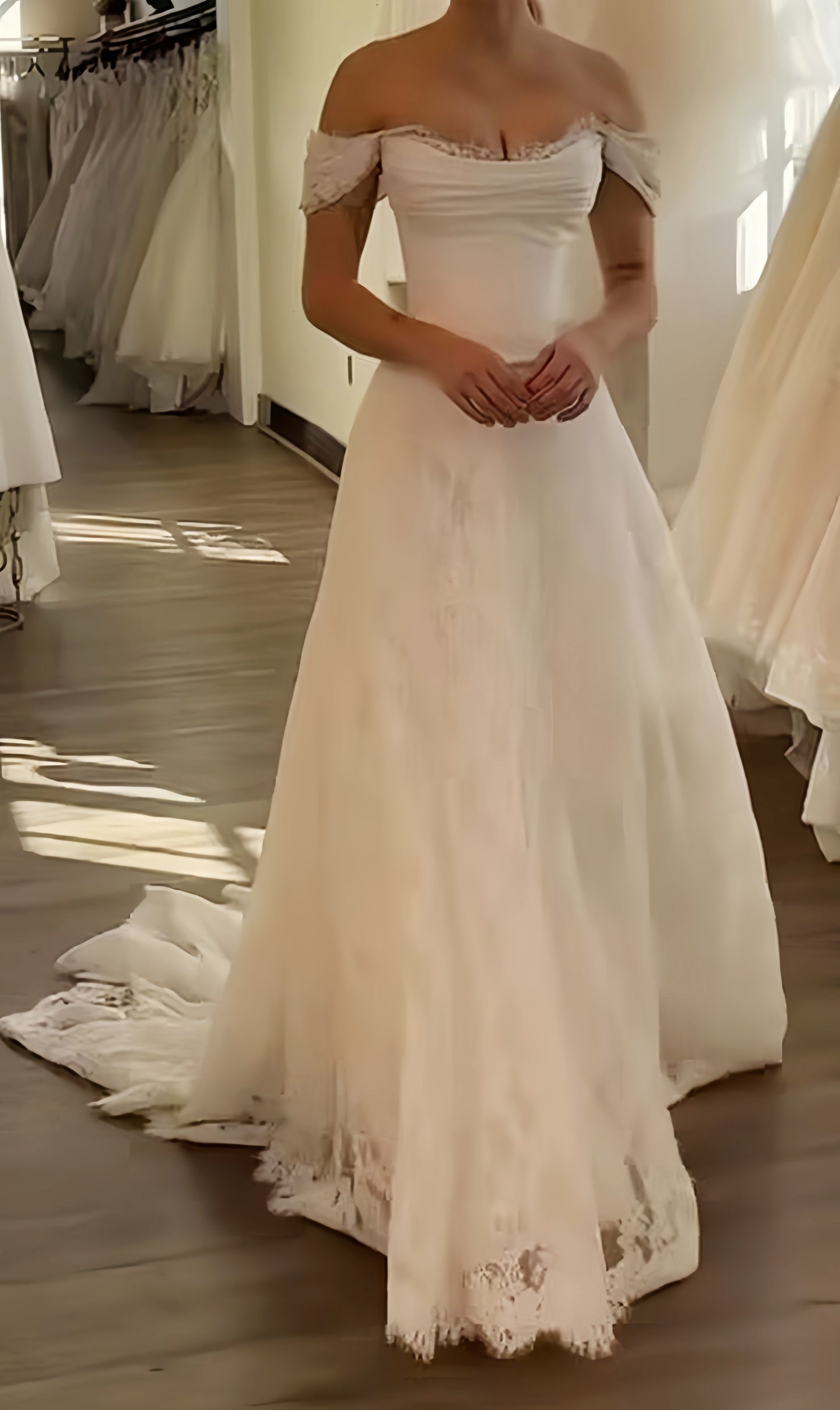 Off The Shoulder Ivory Lace Wedding Dresses With Satin Top, LTP3790