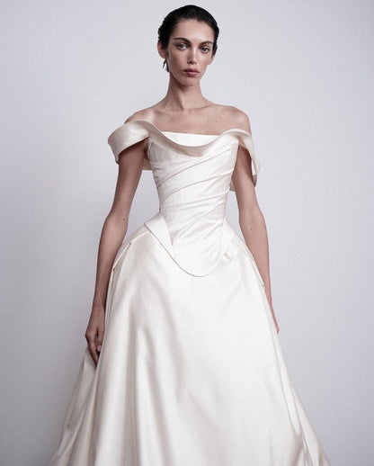 Off The Shoulder Ivory Wedding Dresses A-line Pleated Bridal Dress,LTP3807