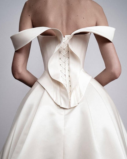 Off The Shoulder Ivory Wedding Dresses A-line Pleated Bridal Dress,LTP3807