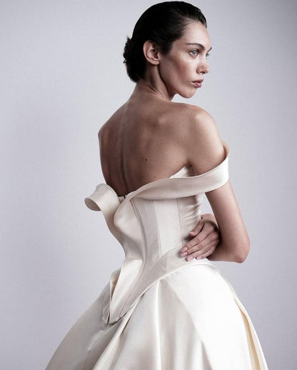 Off The Shoulder Ivory Wedding Dresses A-line Pleated Bridal Dress,LTP3807