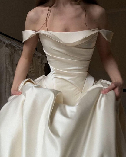 Off The Shoulder Ivory Wedding Dresses A-line Pleated Bridal Dress,LTP3807