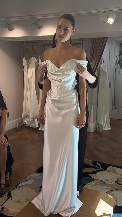 Off The Shoulder Ivory Wedding Dresses, Pleated Bridal Gown, LTP3756