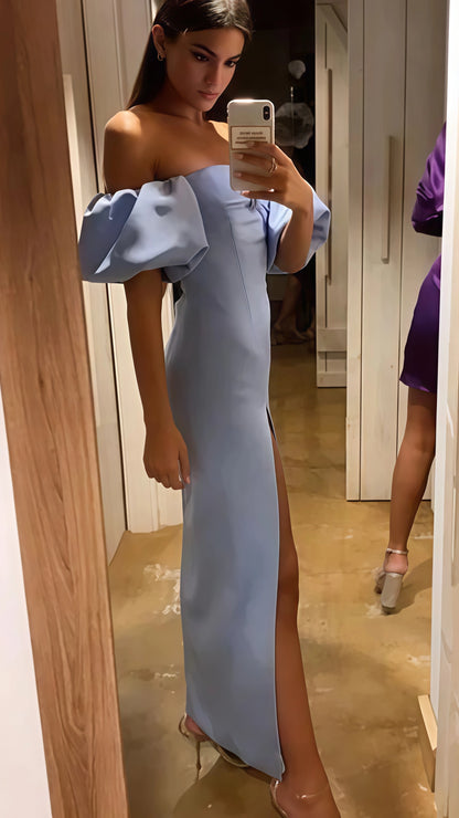 Off The Shoulder Prom Dress, Light Blue Split Party Dress, LTP3523