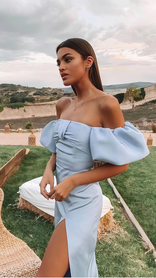 Off The Shoulder Prom Dress, Light Blue Split Party Dress, LTP3523