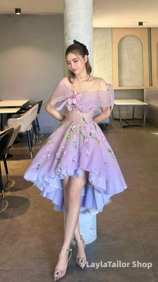 Off The Shoulder Lilac Appliques Homecoming Dresses Hi-Lo Party Dress
