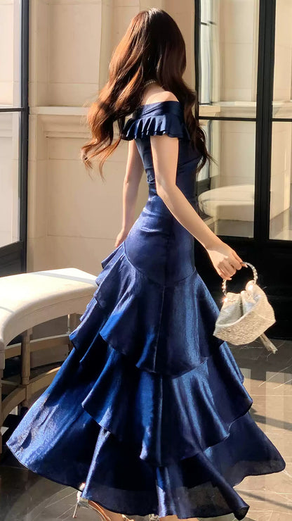 Off The Shoulder Navy Blue Prom Dresses Ruffle School Event Dress Women Formal Gown,LTP4387