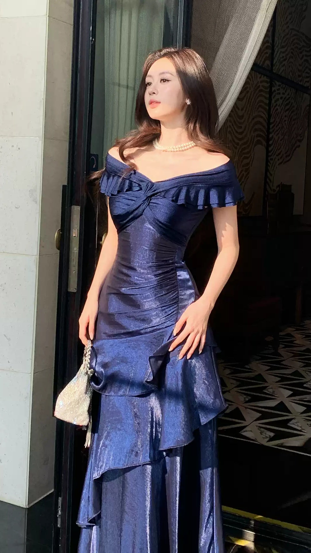 Off The Shoulder Navy Blue Prom Dresses Ruffle School Event Dress Women Formal Gown,LTP4387